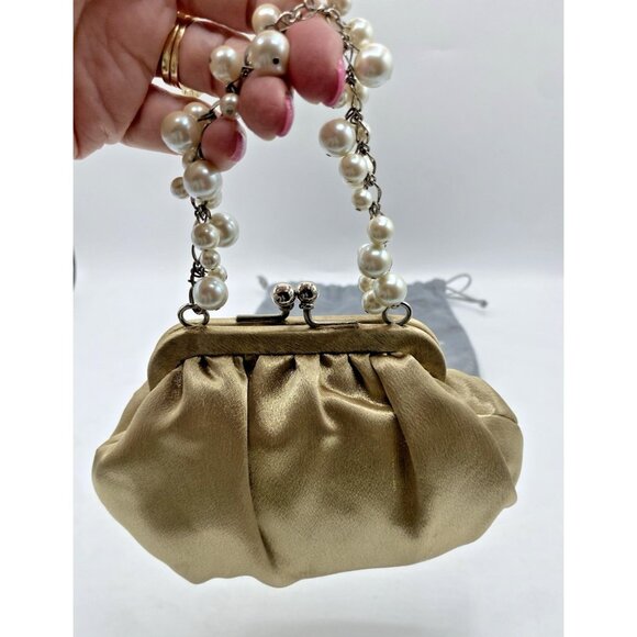 Carolee Mini Handbag Gold Satin Beaded Handle Evening Clutch Kiss Lock Purse - Picture 2 of 16